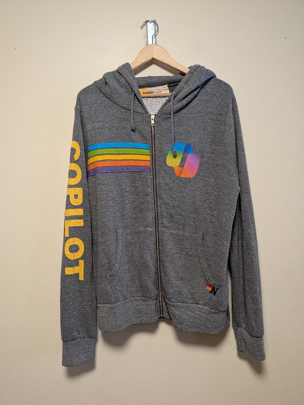 Aviator Nation Copilot Rainbow Stripe Zip Hoodie Gray Size Large Made in USA